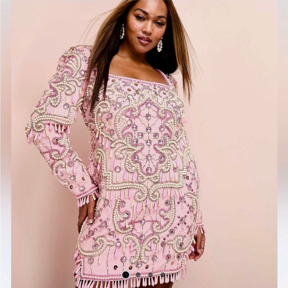 Beaded Pink Long-Sleeve Mini Dress